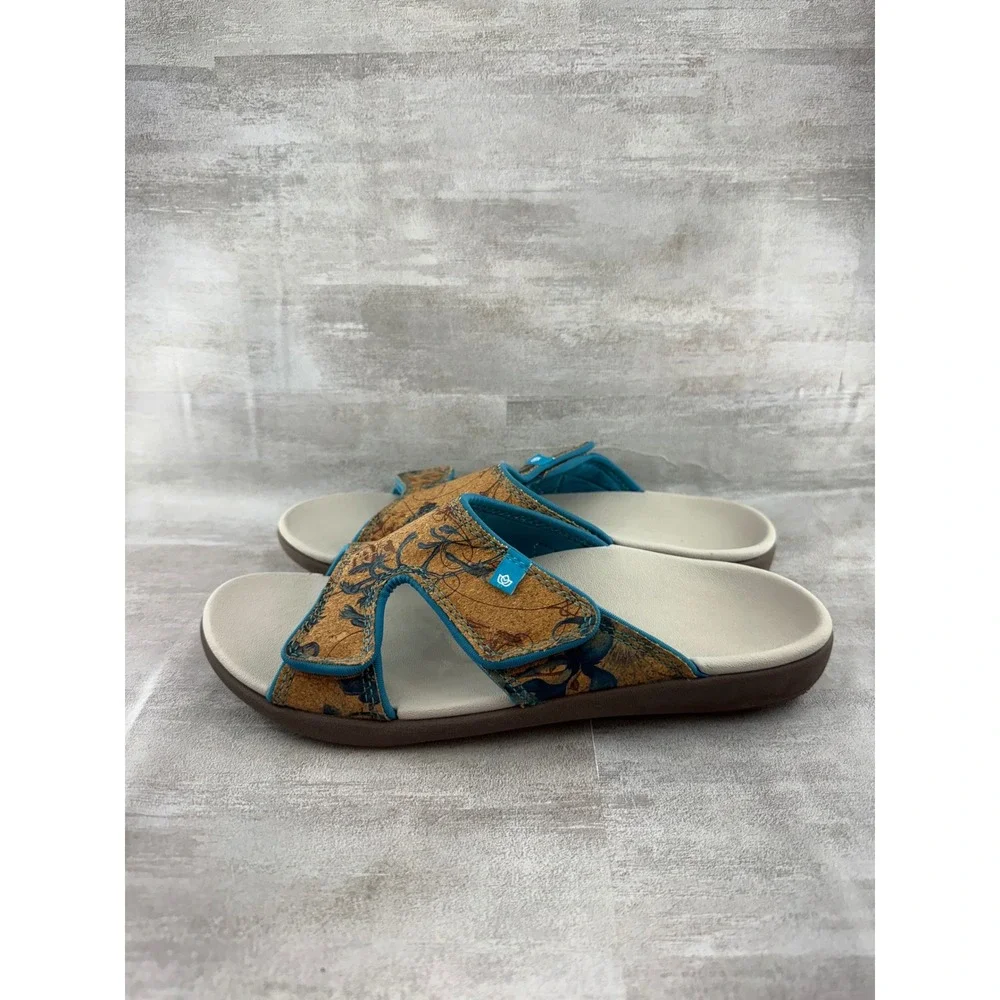 Spenco Kholo Women Sz 10B Orthotic Slide Sandals Tan Blue Floral Cork Adjustable